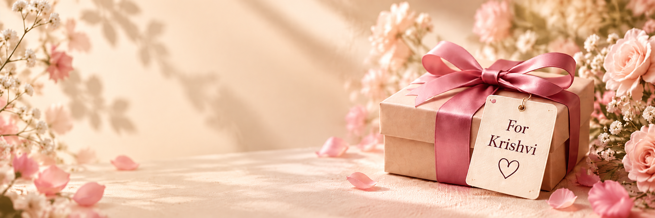 Gift box with pink ribbon and a personalized tag among roses