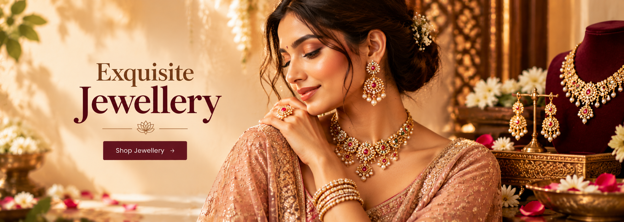 Bride wearing a gold kundan necklace, earrings, maang tikka, and bangles