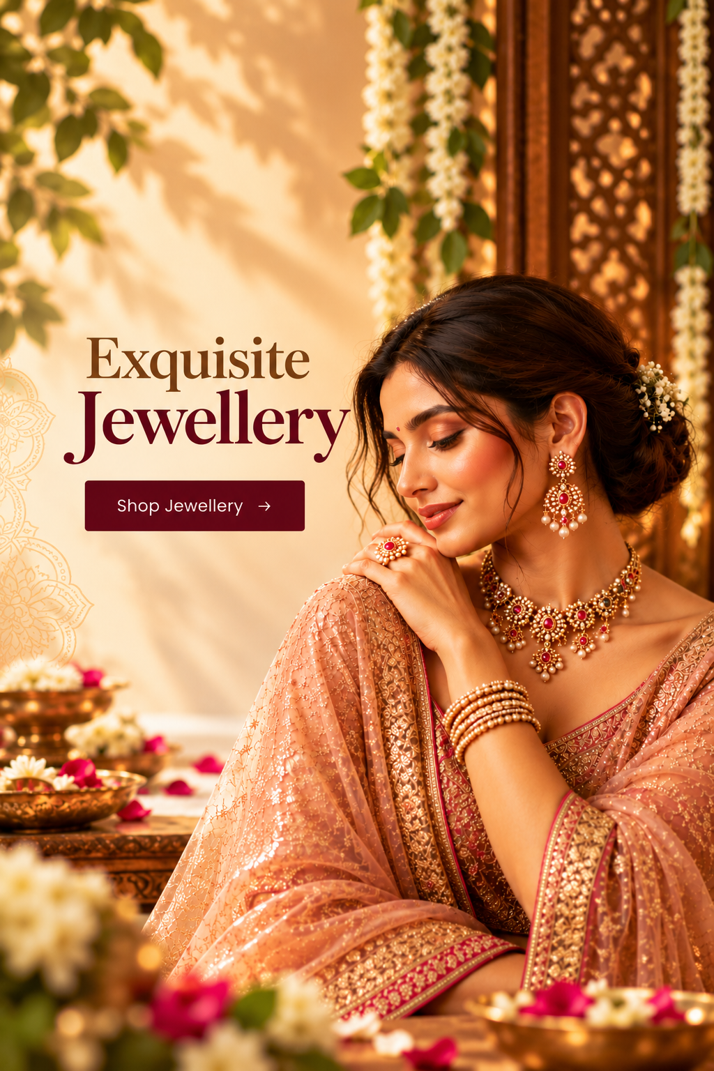 Bride wearing a gold kundan necklace, earrings, maang tikka, and bangles
