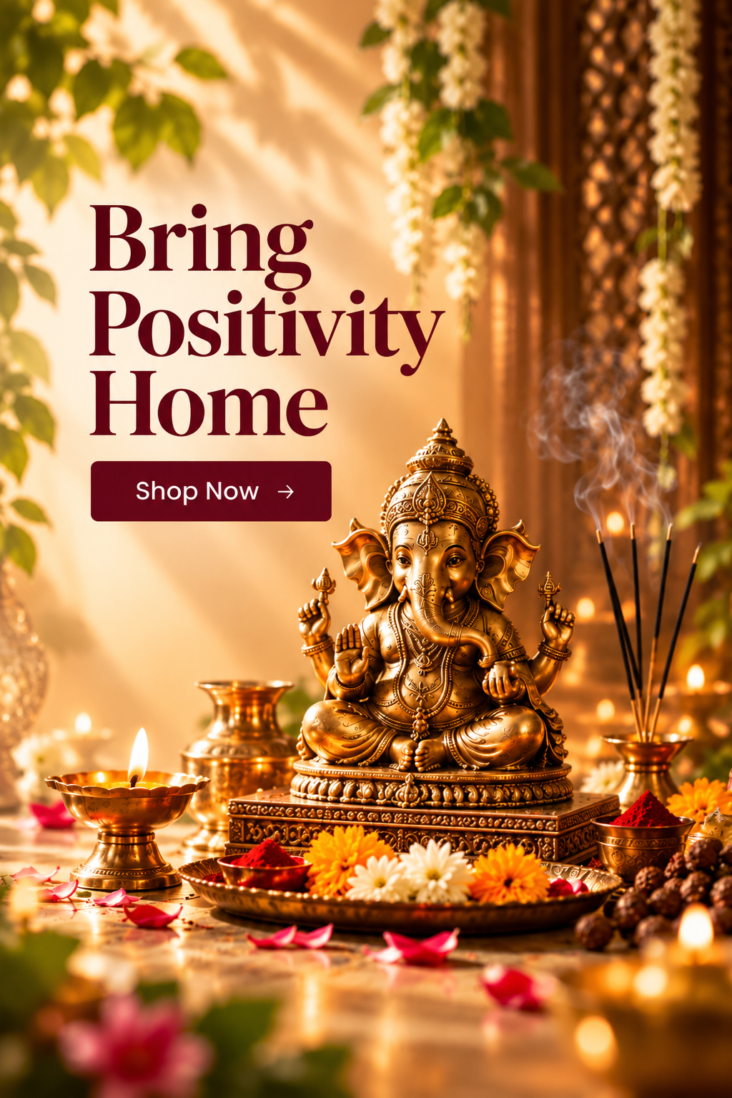 Brass Ganesha idol with incense and diya, surrounded by marigold flowers