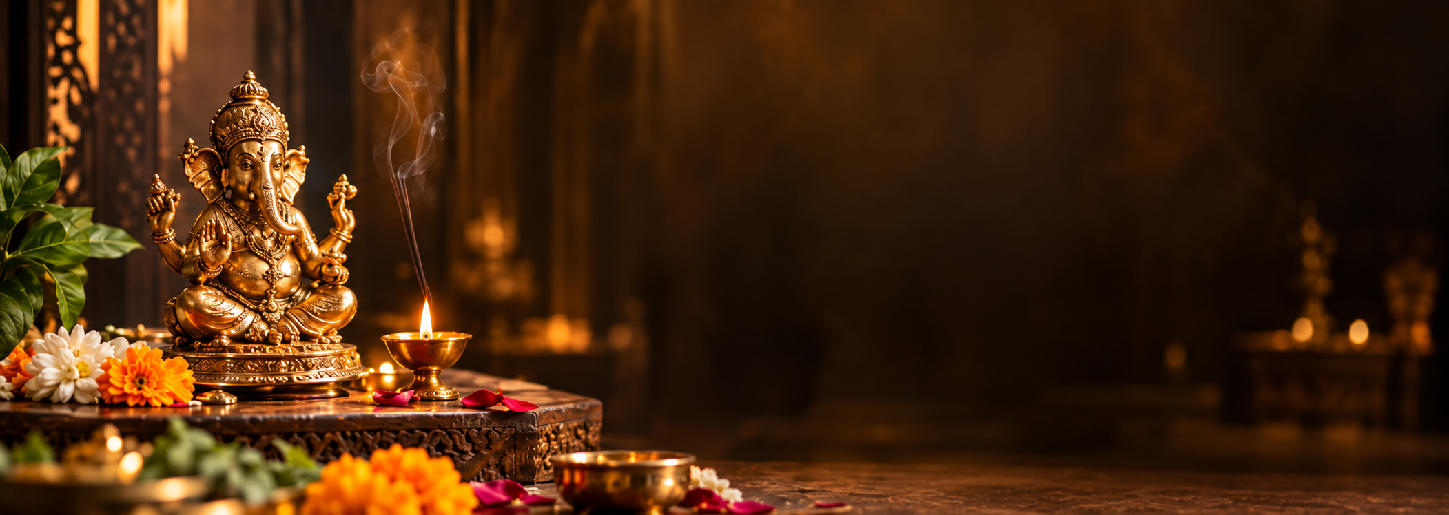 Brass Ganesha idol with incense and diya, warm temple backdrop